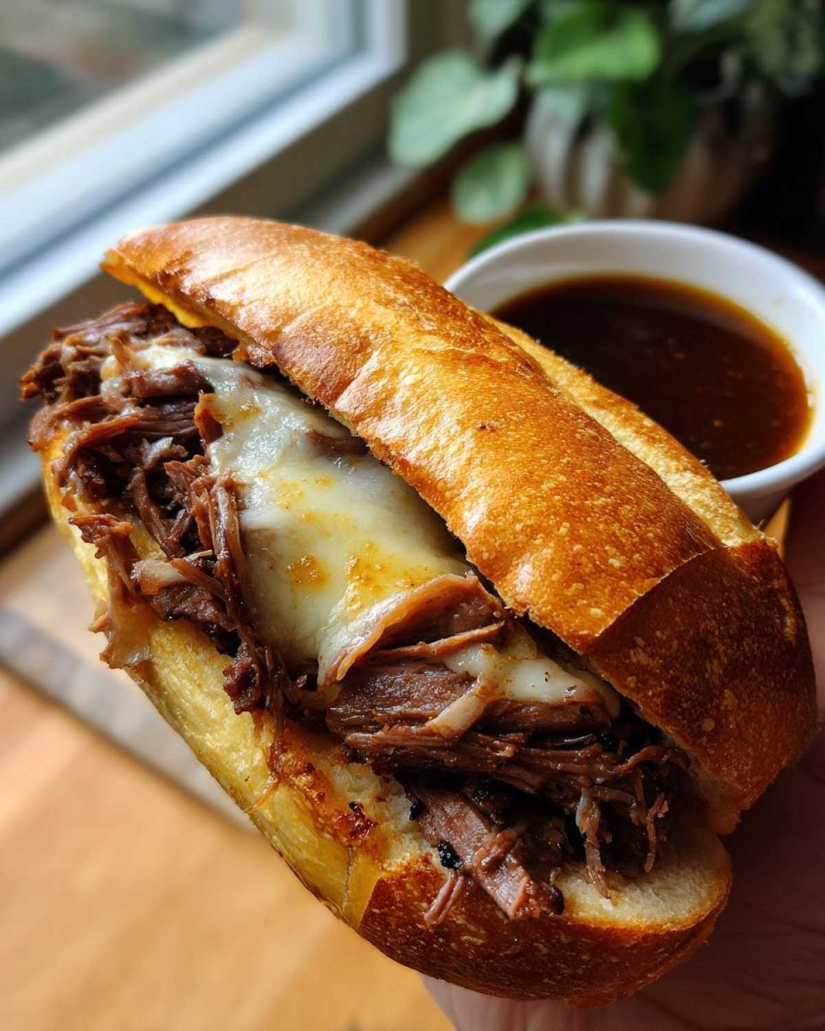 A delicious slow cooker French dip sandwich overflowing with tender shredded beef and melted cheese, served with a side of au jus.