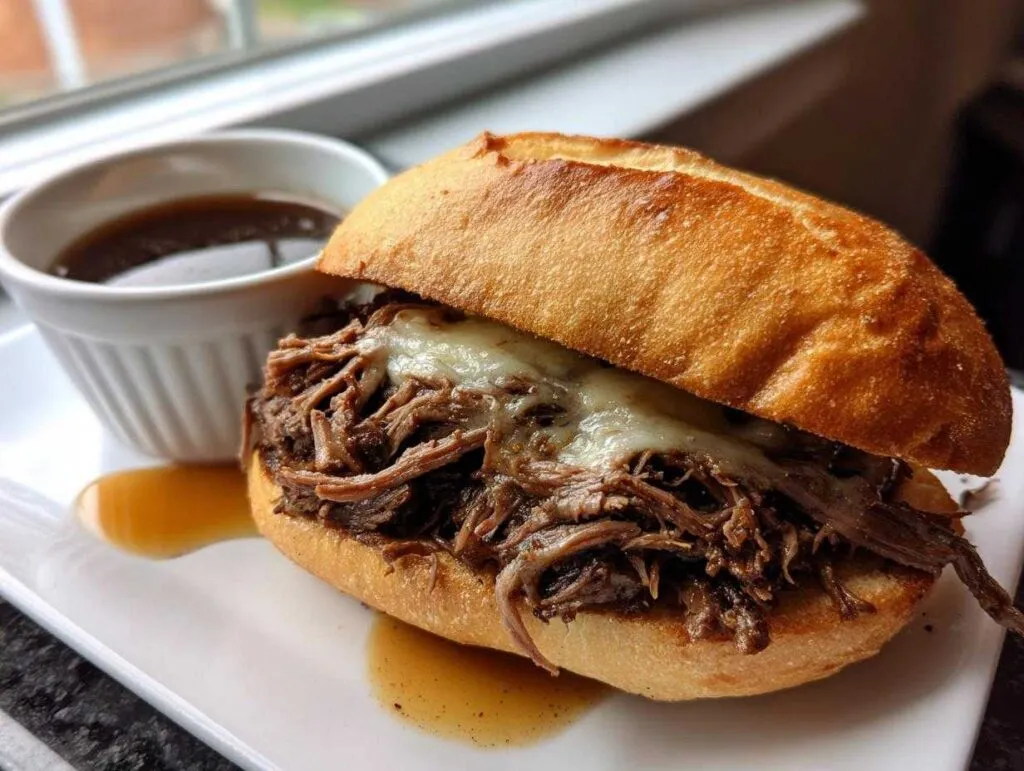 A close-up of a slow cooker French dip sandwich overflowing with tender shredded beef and melted cheese, served with a side of au jus.