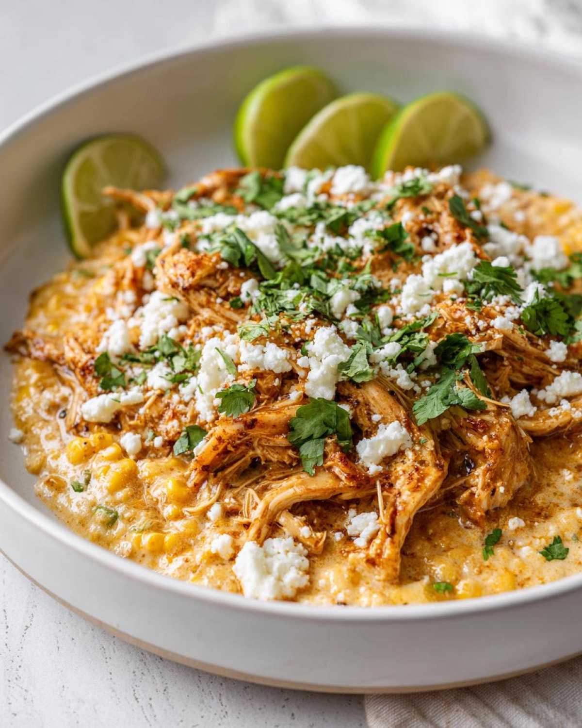 A bowl of creamy slow cooker street corn chicken topped with crumbled feta cheese and fresh cilantro, garnished with lime wedges.