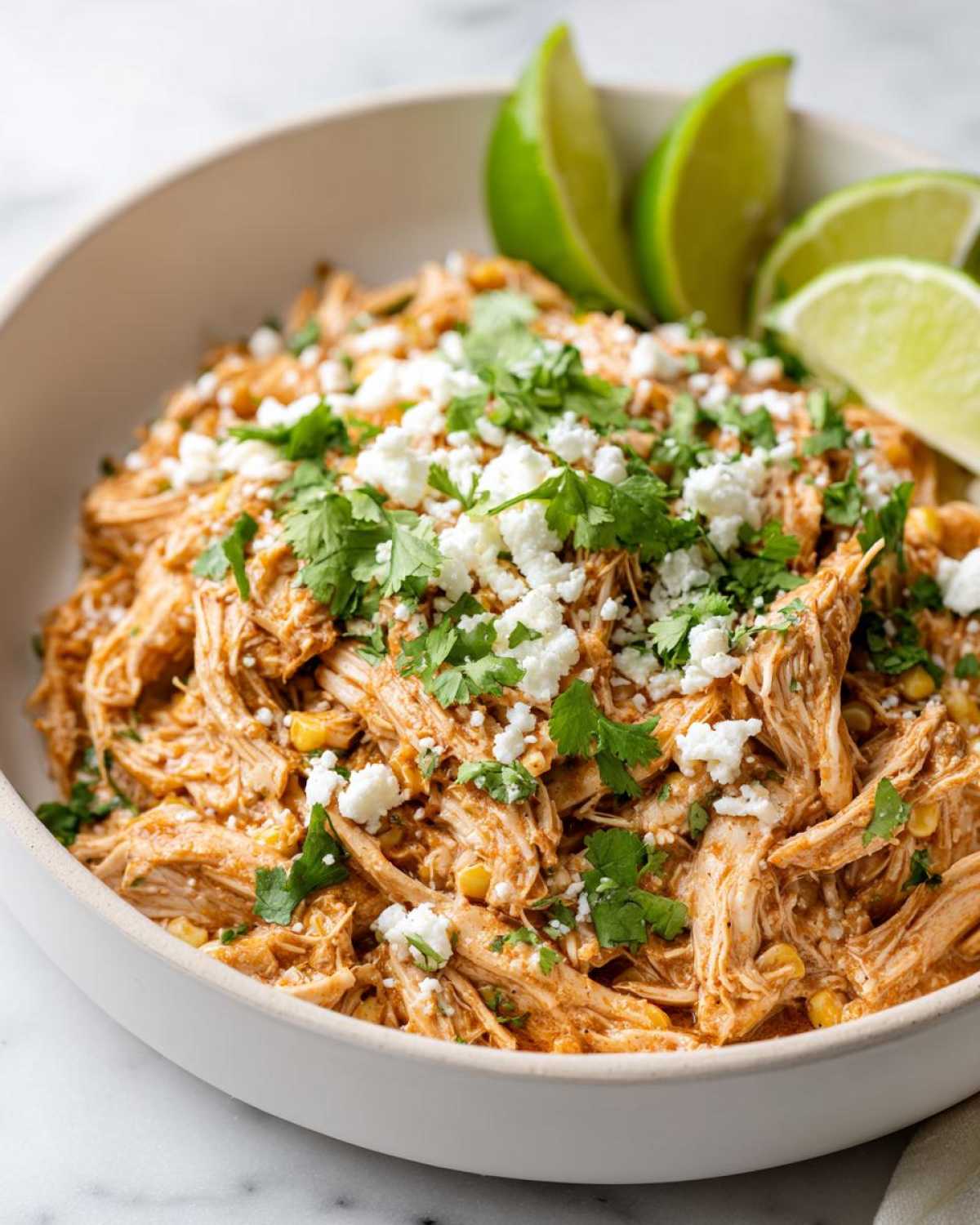 Close-up of shredded slow cooker street corn chicken topped with crumbled feta cheese and fresh cilantro, served with lime wedges.