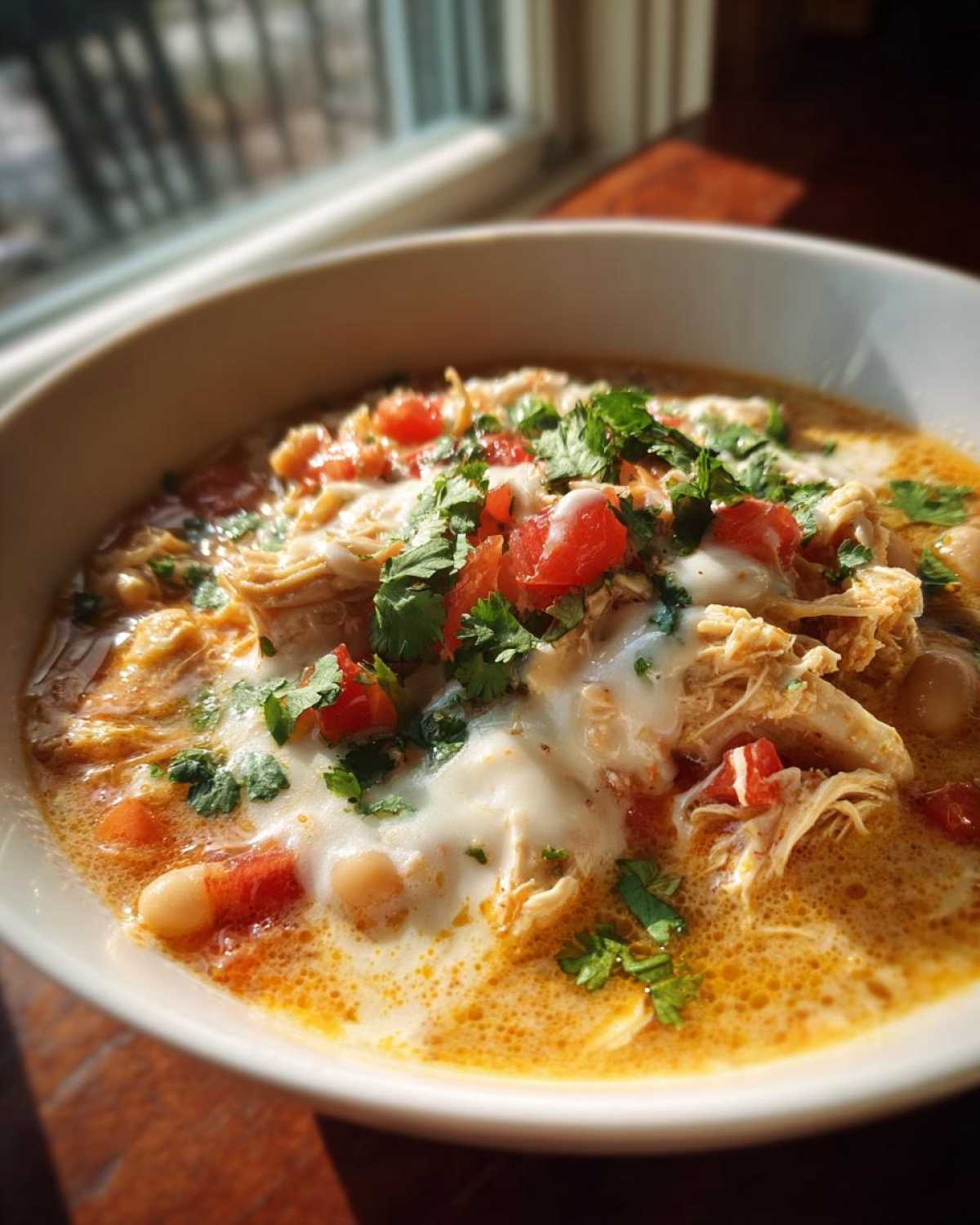 A close-up of a bowl of creamy slow cooker white chicken chili, topped with diced tomatoes and cilantro.