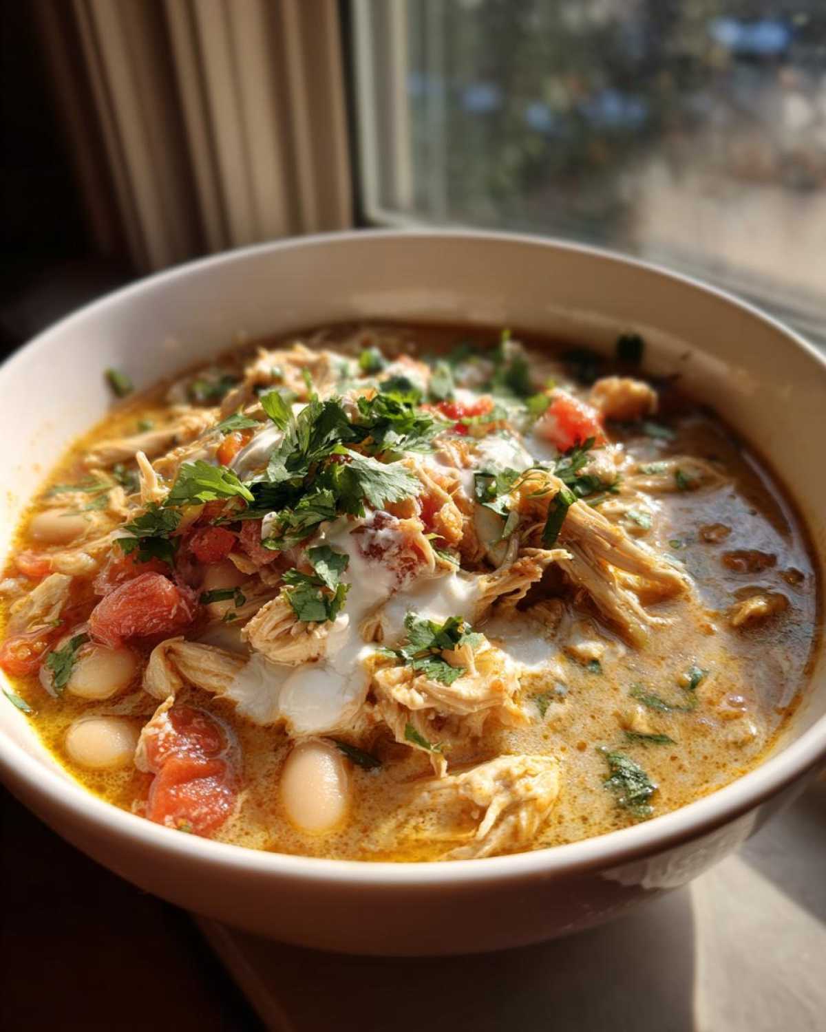A close-up of a bowl of creamy slow cooker white chicken chili, topped with cilantro and a dollop of sour cream.