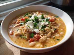 A close-up of a bowl of creamy slow cooker white chicken chili topped with crumbled feta cheese and fresh cilantro.