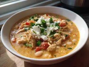 A close-up of a bowl of creamy slow cooker white chicken chili topped with crumbled feta cheese and fresh cilantro.