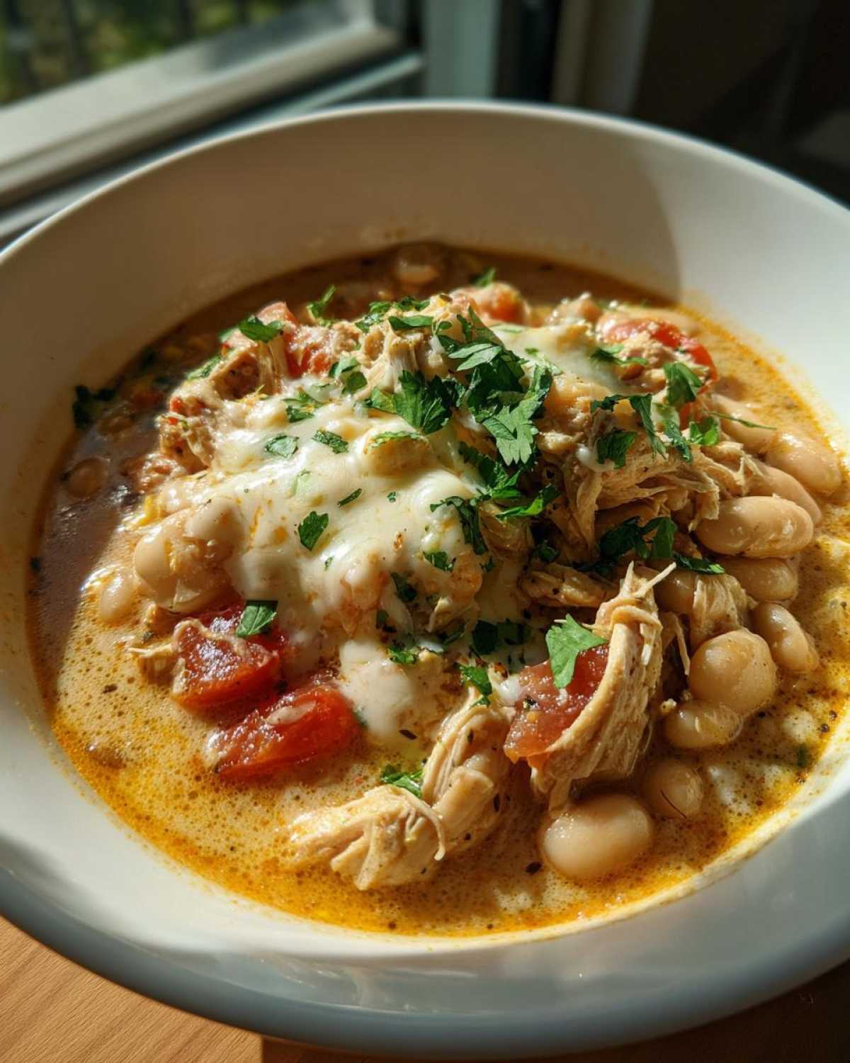 A close-up of a bowl of creamy slow cooker white chicken chili, topped with melted cheese and fresh parsley.