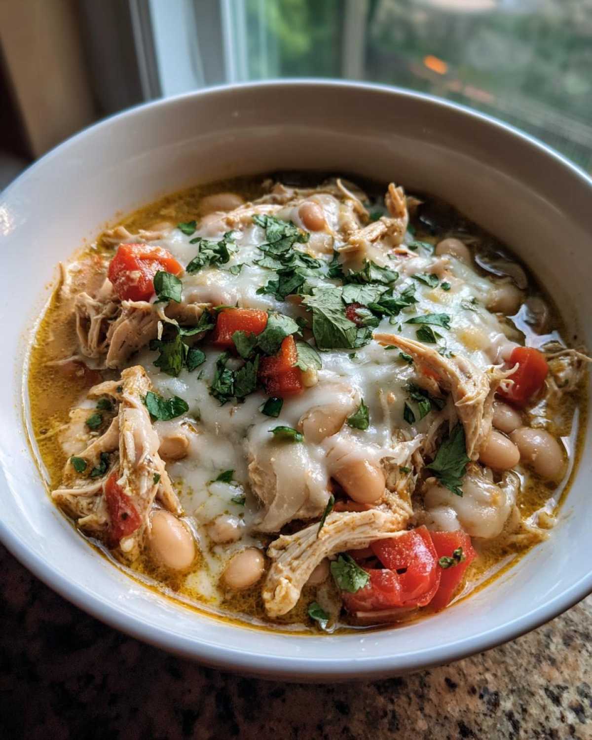 A close-up of a bowl of creamy slow cooker white chicken chili topped with melted cheese and cilantro.