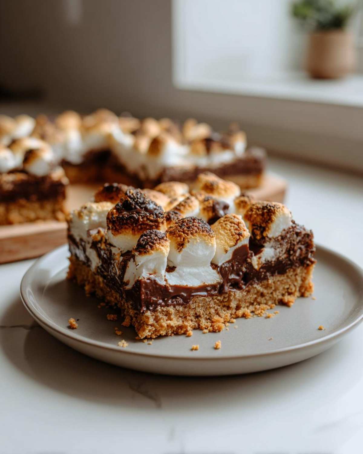 A close-up of a decadent s'mores cookie bar slice on a gray plate, featuring a graham cracker crust, chocolate ganache, and toasted marshmallows.