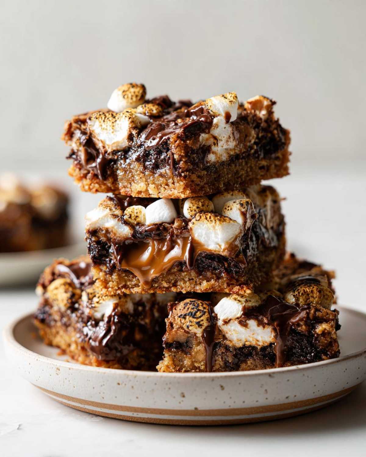 A stack of three decadent s'mores cookie bars, topped with toasted marshmallows and melted chocolate.