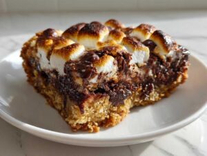 A close-up of a decadent s'mores cookie bar with toasted marshmallows and rich chocolate.