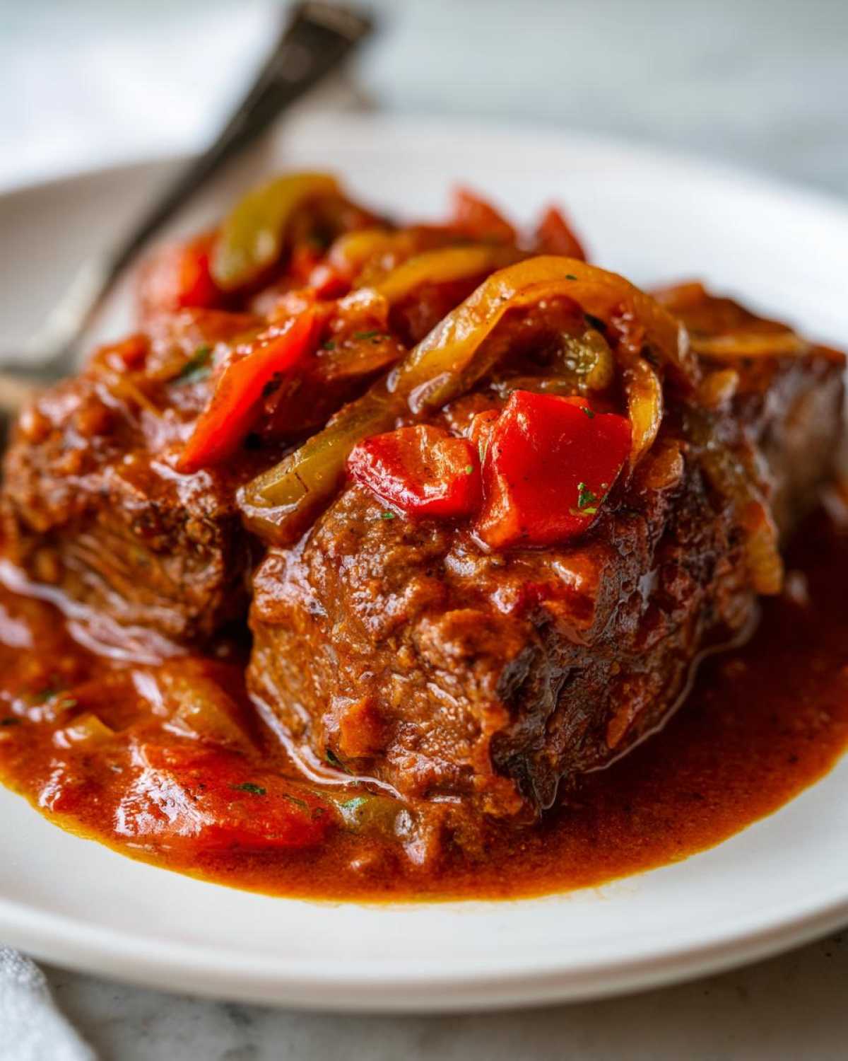 Close-up of tender smothered Swiss steak served with a rich sauce and colorful bell peppers.