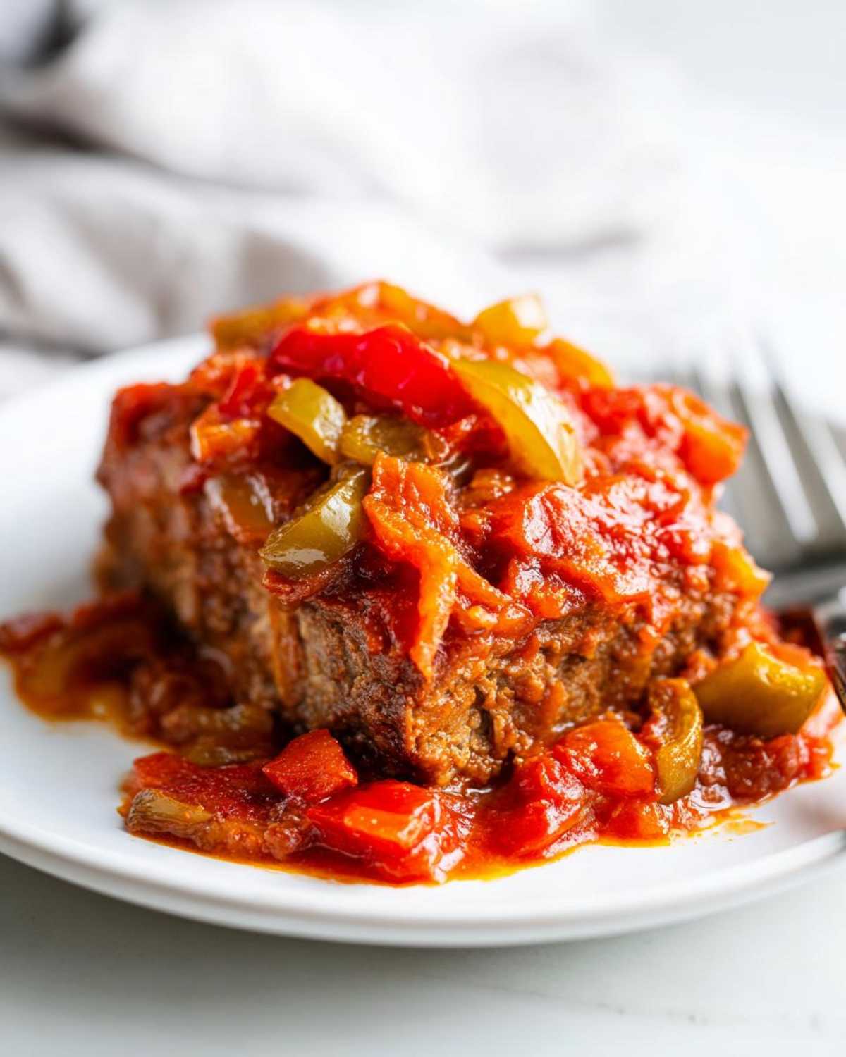 A close-up of a piece of tender smothered Swiss steak topped with a rich tomato and pepper sauce.