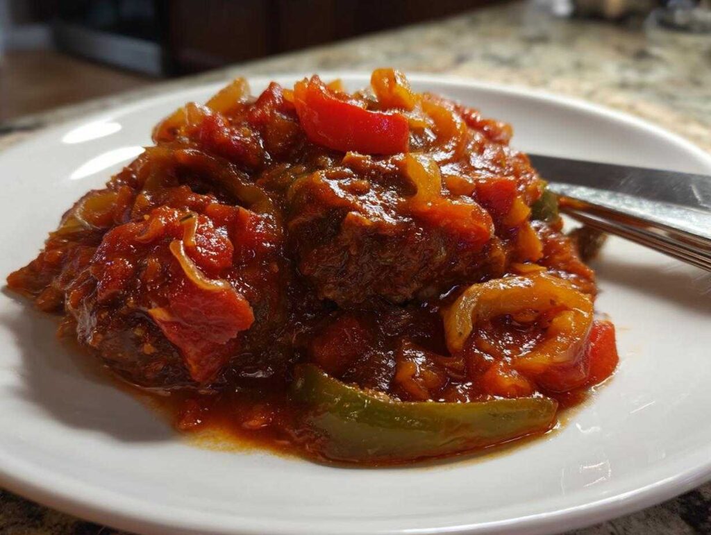 A close-up of tender smothered Swiss steak served on a white plate with a rich tomato-based sauce and mixed vegetables.