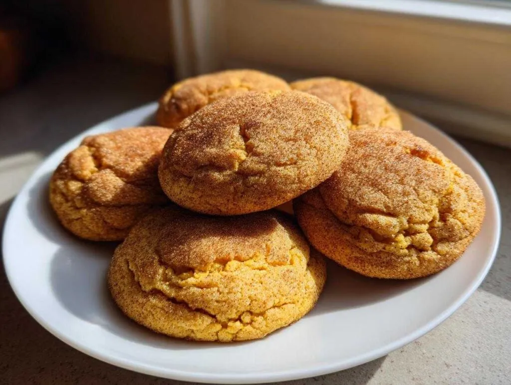 A pile of soft and chewy pumpkin cookies dusted with cinnamon sugar on a white plate.