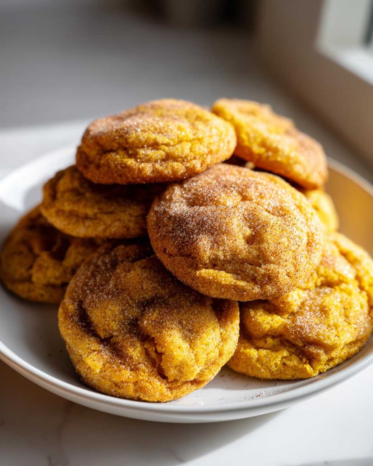 A close-up of a pile of soft and chewy pumpkin cookies, coated in cinnamon sugar.