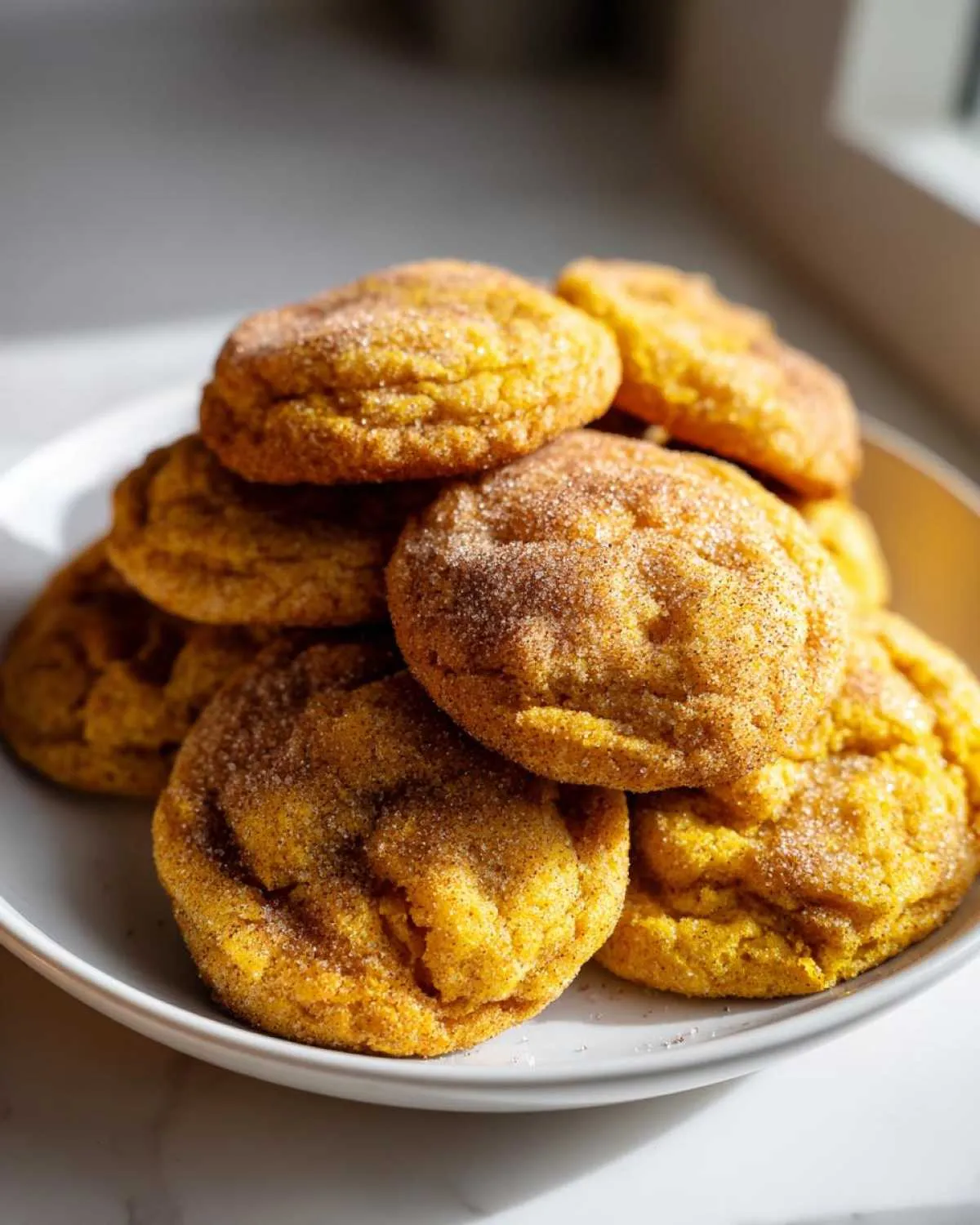 A close-up of a pile of soft and chewy pumpkin cookies, coated in cinnamon sugar.