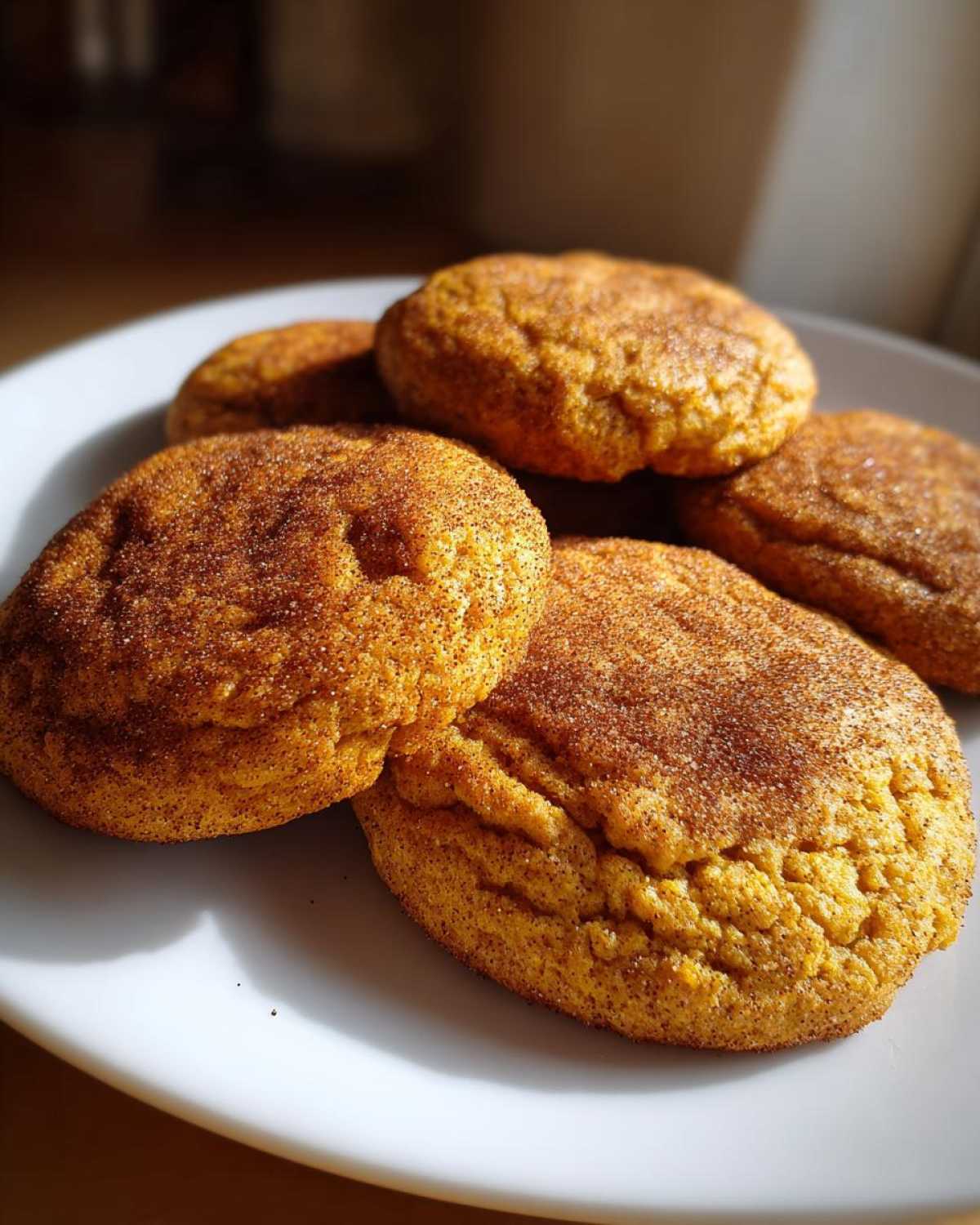 A close-up of several soft and chewy pumpkin cookies, dusted with cinnamon sugar, on a white plate.