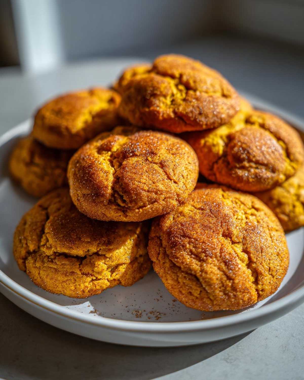 A close-up of a stack of soft and chewy pumpkin cookies, dusted with cinnamon sugar.
