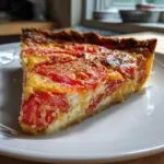 A close-up of a slice of Southern tomato pie on a white plate, showcasing the flaky crust and juicy tomato filling.