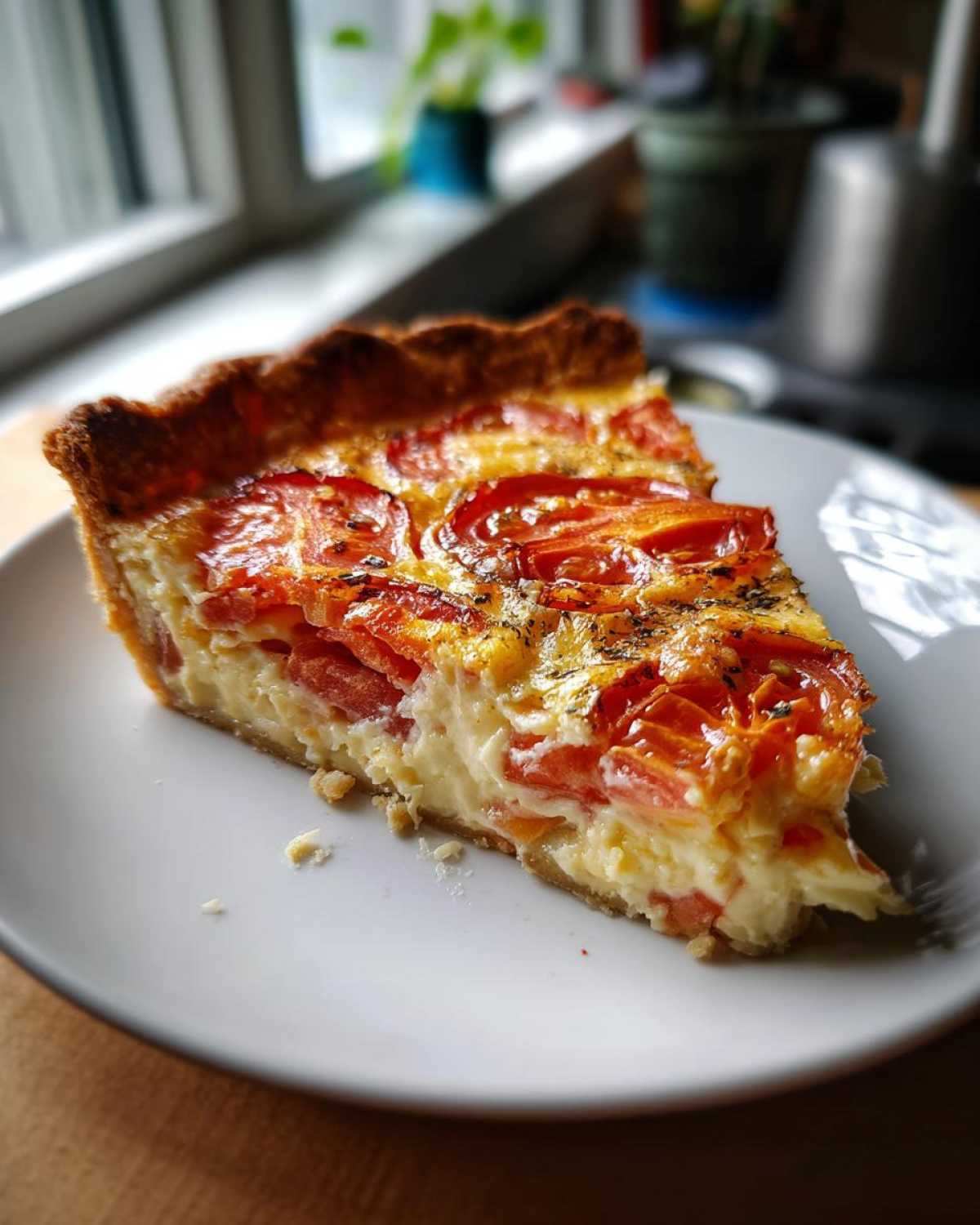 A close-up of a slice of Southern tomato pie on a white plate, featuring a flaky crust, creamy filling, and juicy tomato slices.