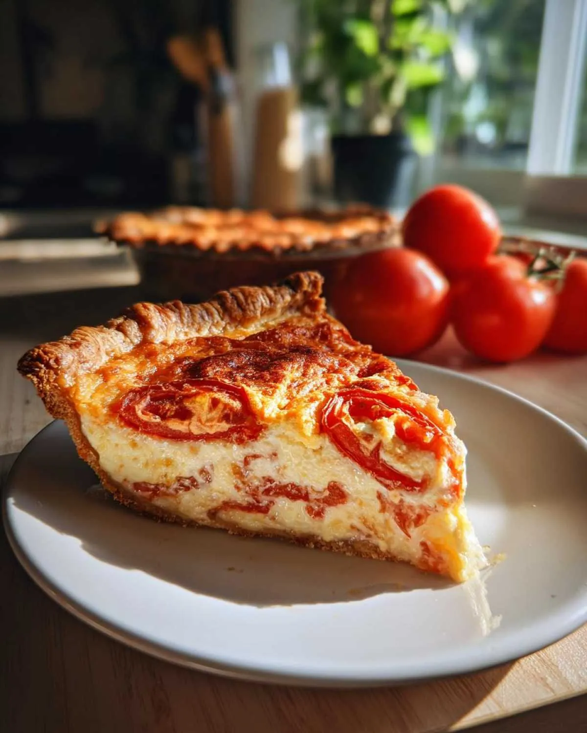 A slice of Southern tomato pie on a white plate, with a whole pie and fresh tomatoes in the background.