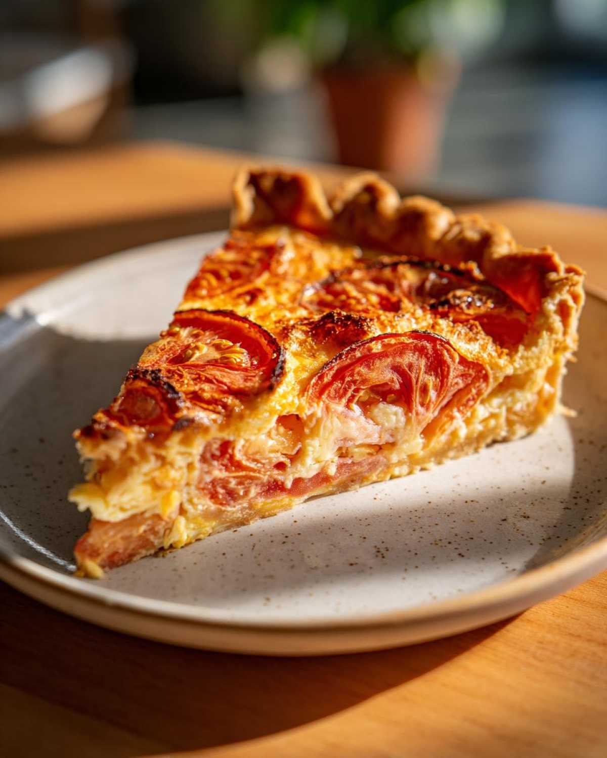 A close-up of a slice of Southern tomato pie on a speckled plate, showing layers of juicy tomatoes and creamy filling.