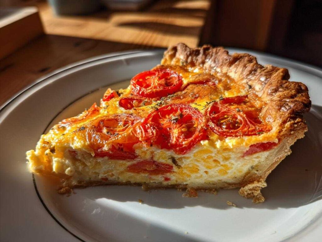 A close-up of a slice of Southern tomato pie on a white plate, featuring a flaky crust and juicy tomato filling.