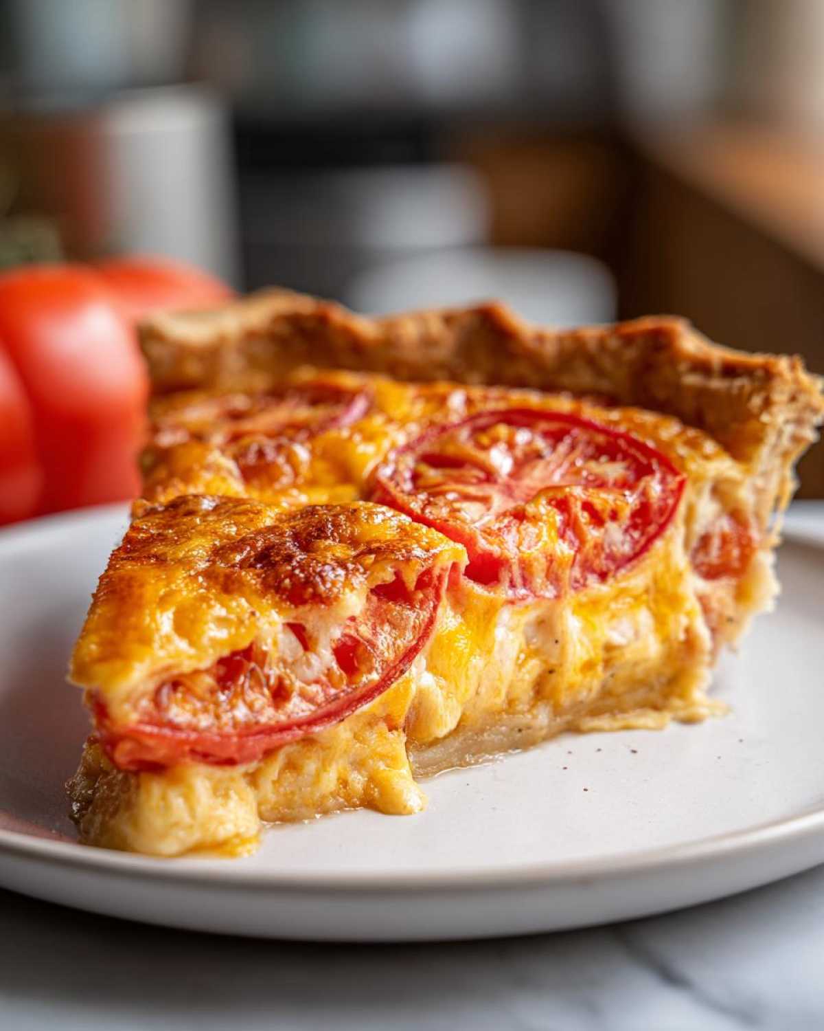 A close-up of a slice of Southern tomato pie with a flaky crust, melted cheese, and fresh tomato slices.