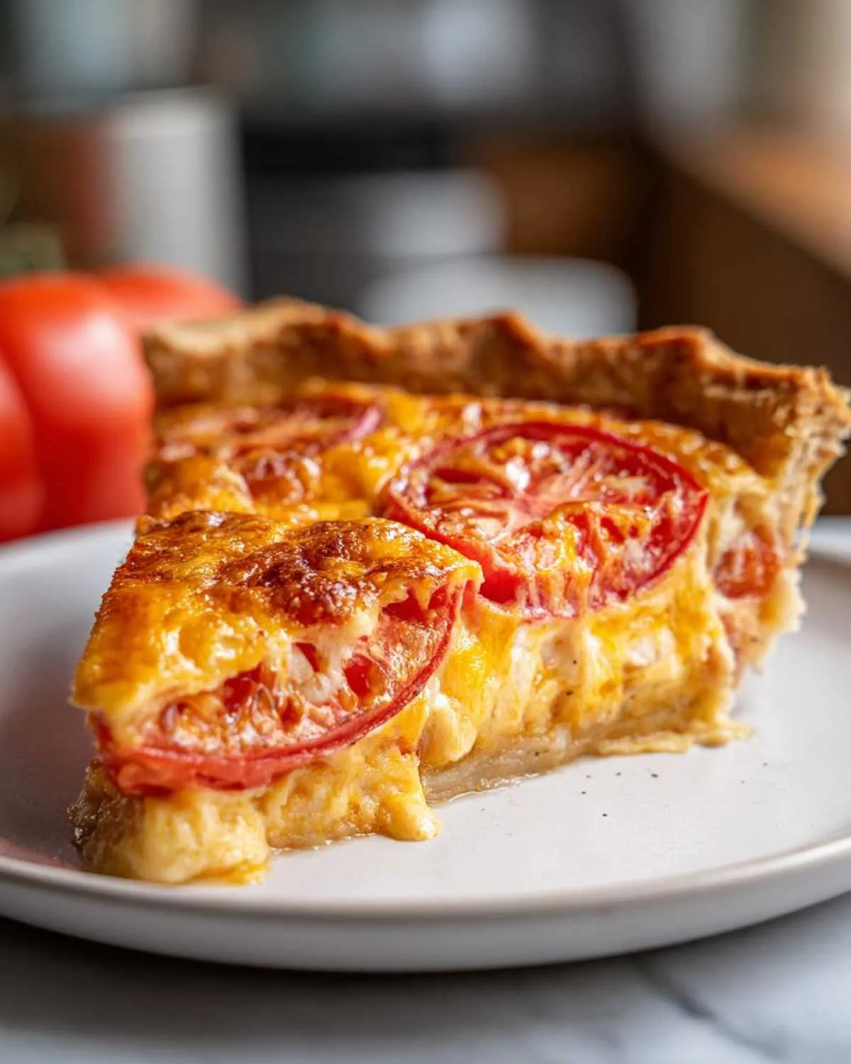 A close-up of a slice of Southern tomato pie with a flaky crust, melted cheese, and fresh tomato slices.