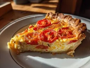 A close-up of a slice of Southern tomato pie on a white plate, featuring a flaky crust and juicy tomato filling.
