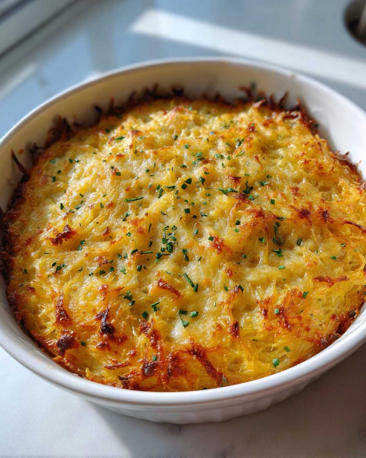 A close-up of a golden-brown spaghetti squash au gratin baked in a white dish, topped with chopped chives.