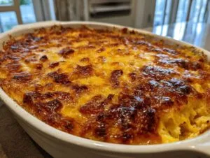 A close-up of a bubbling spaghetti squash au gratin casserole with a golden-brown, cheesy crust.