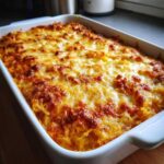 Close-up of a bubbling, golden-brown spaghetti squash au gratin baked in a white rectangular dish.