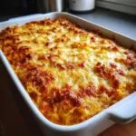 Close-up of a bubbling, golden-brown spaghetti squash au gratin baked in a white rectangular dish.