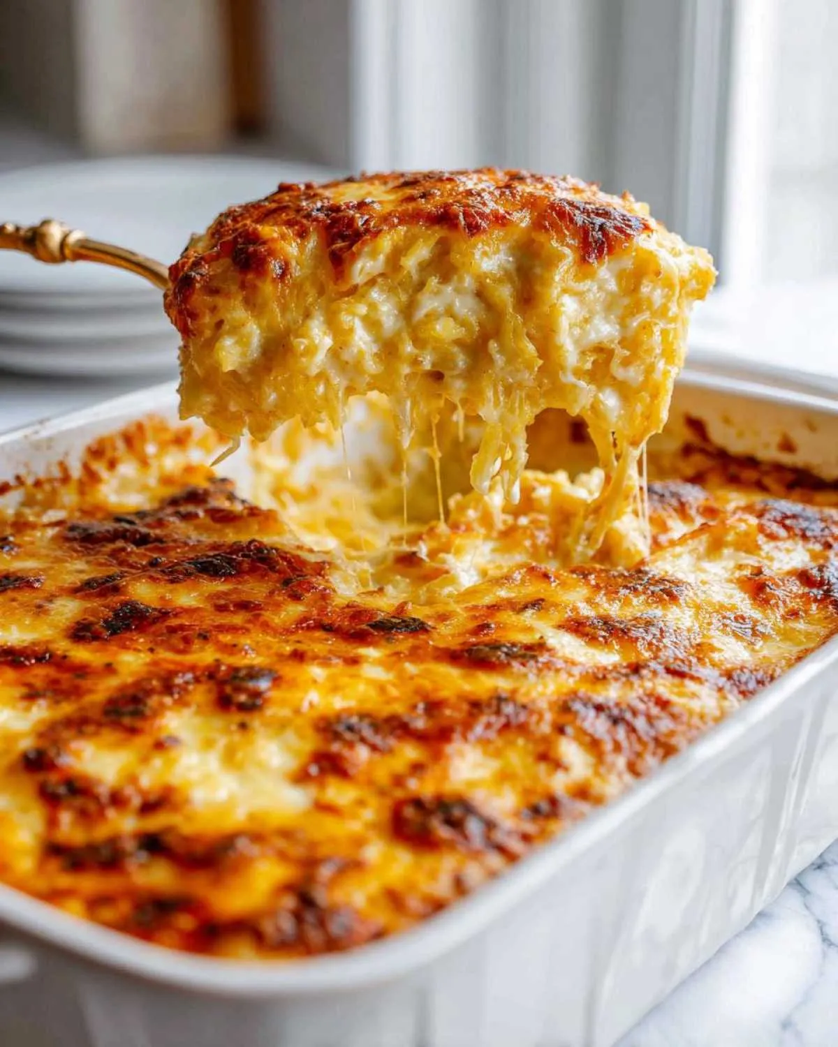 A serving spoon lifts a cheesy portion of spaghetti squash au gratin from a white baking dish.