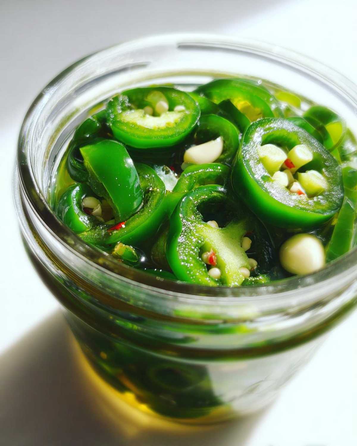 Close-up of sliced pickled jalapeños in a glass jar with garlic cloves and brine.