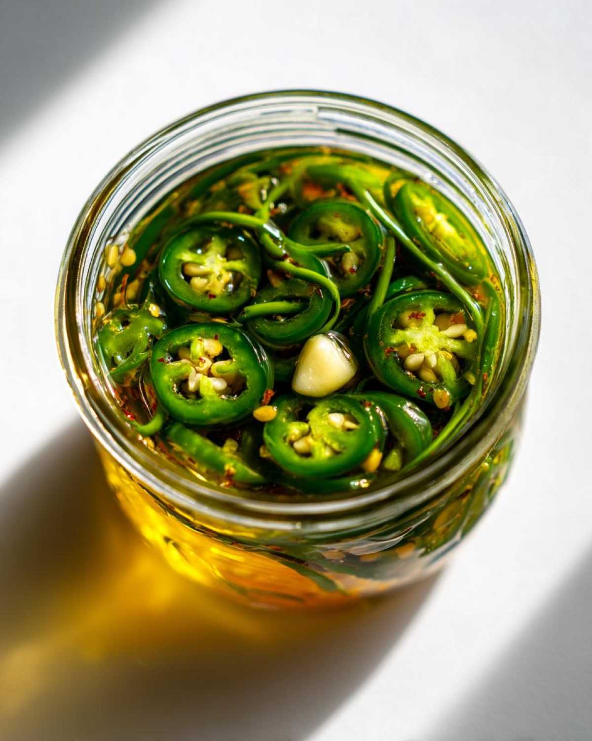 Close-up of sliced pickled jalapeños in a glass jar with garlic and spices.