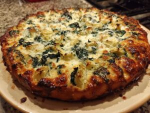 Close-up of a golden-brown spinach artichoke pizza, topped with melted cheese, spinach, and artichoke hearts.