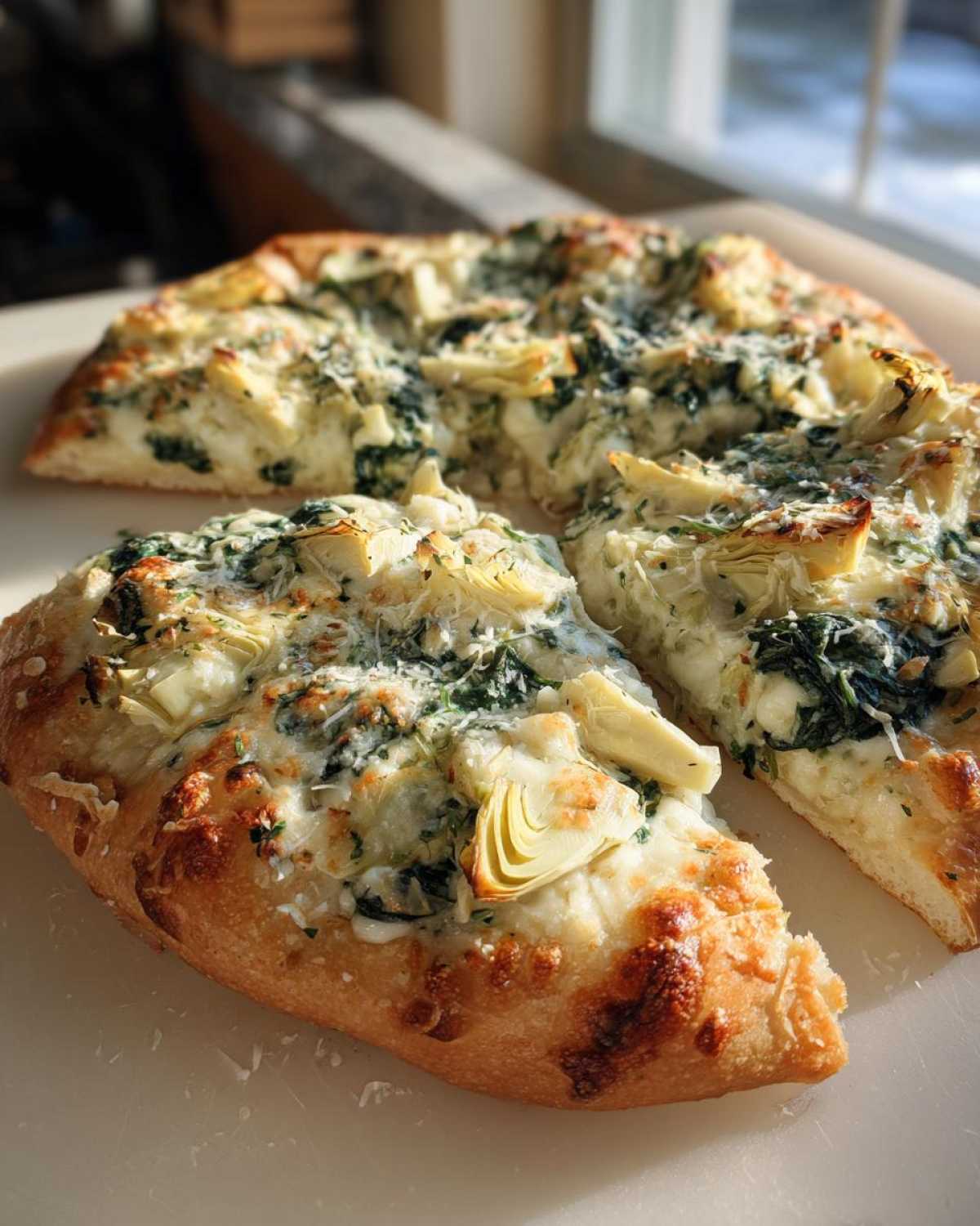 A close-up of a slice of spinach artichoke pizza, showcasing the creamy cheese, spinach, and artichoke toppings.