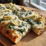 A close-up of a slice of spinach artichoke pizza on a wooden board, showing melted cheese, spinach, and artichoke hearts.