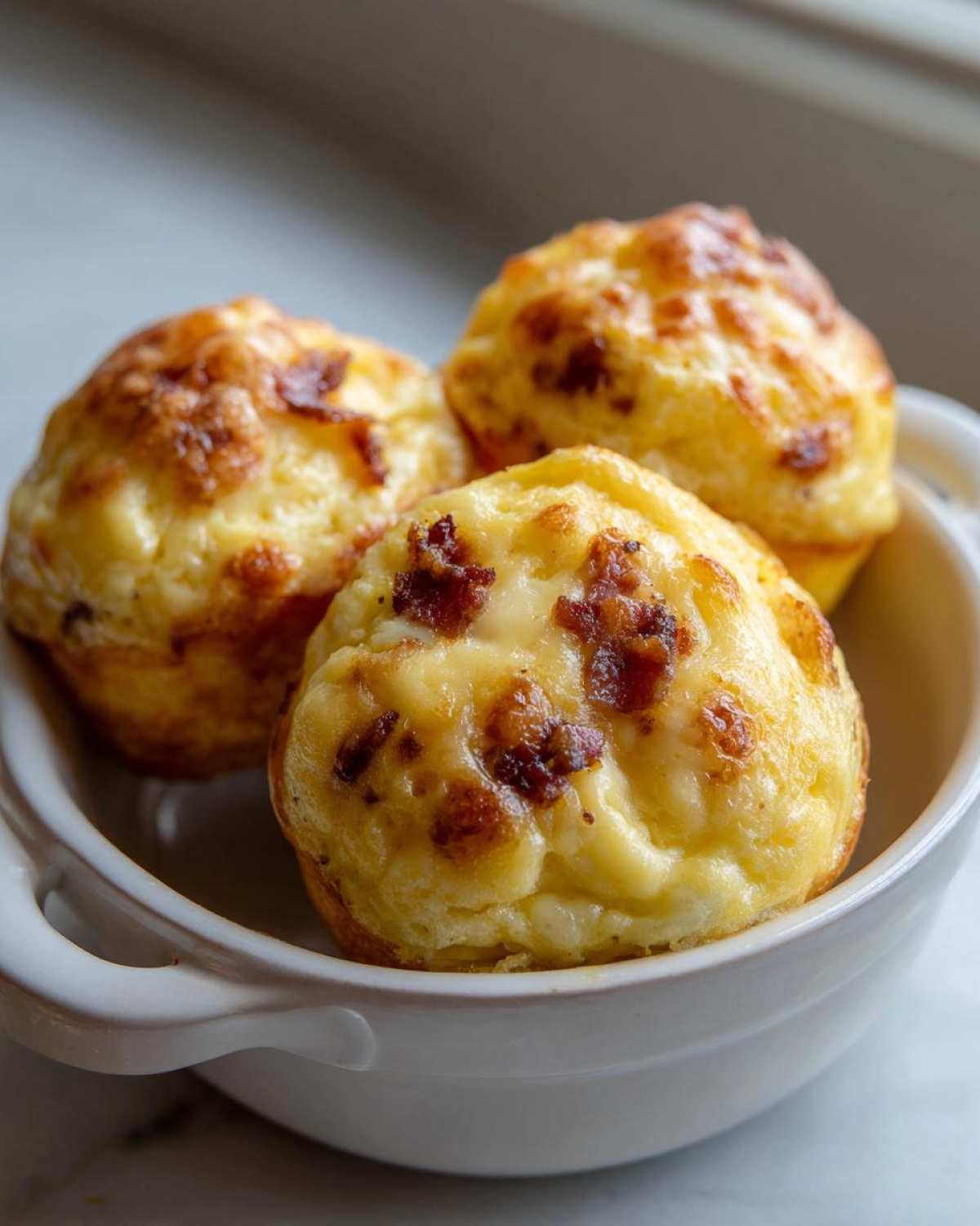 Three creamy Starbucks egg bites with visible bacon pieces in a white dish.