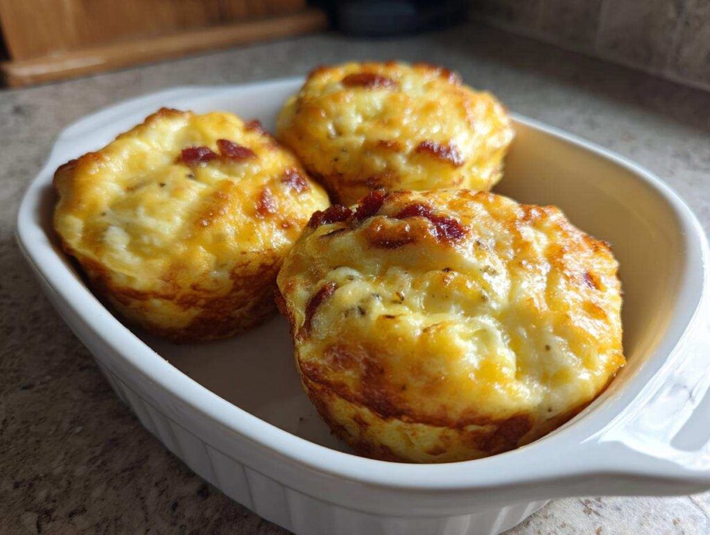 Three fluffy Starbucks egg bites with visible bacon pieces served in a white dish.