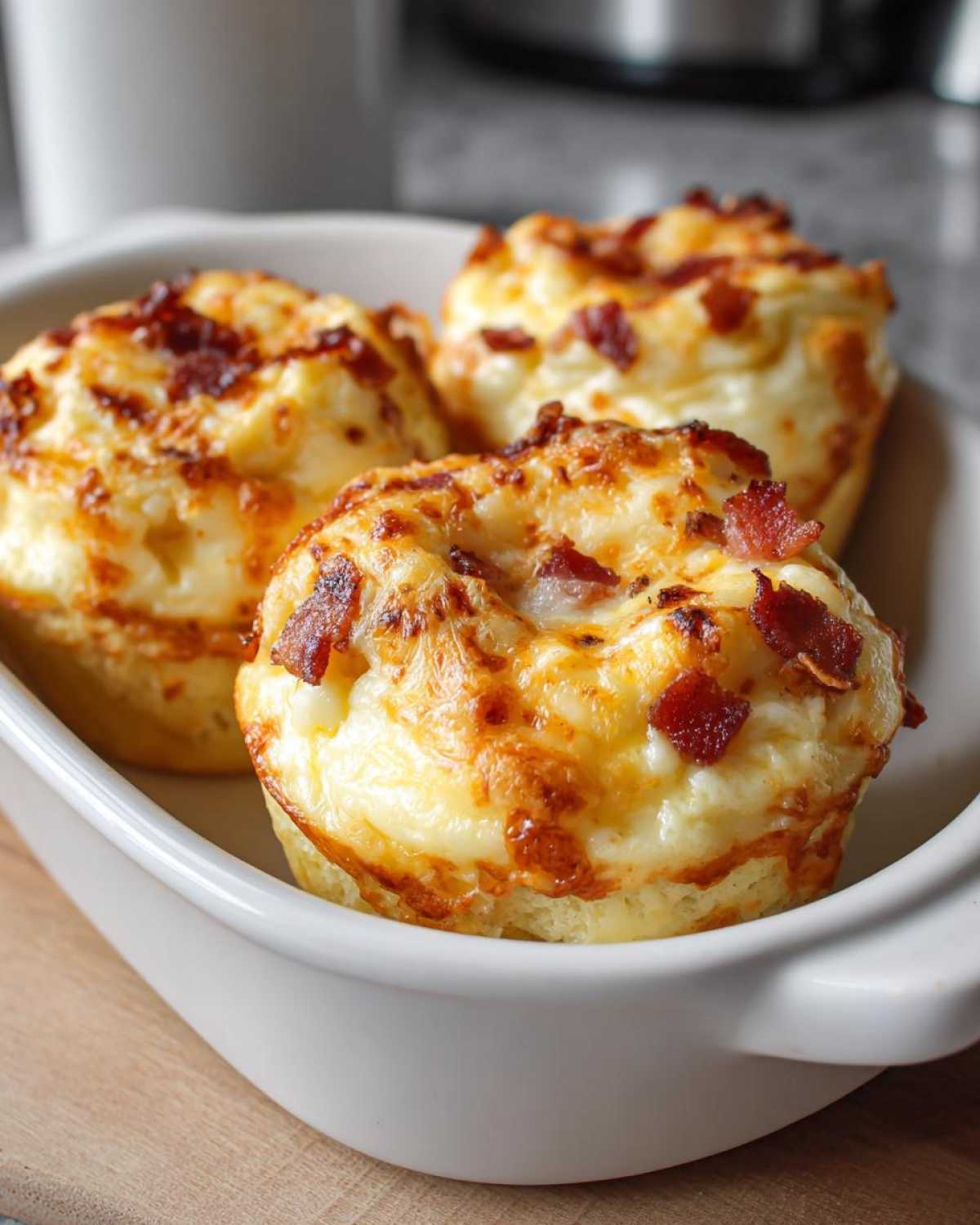 Three creamy Starbucks egg bites topped with crispy bacon and melted cheese in a white dish.