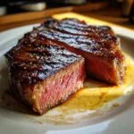Close-up of a perfectly cooked steak, sliced to reveal a juicy pink interior, with a flavorful steak marinade.