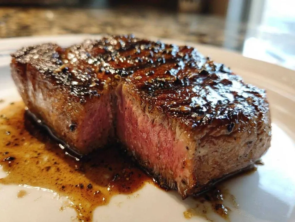 Close-up of a perfectly cooked steak, showcasing its juicy interior and flavorful steak marinade.