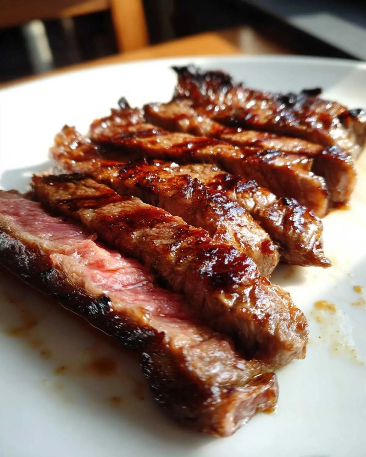 Close-up of perfectly grilled steak slices, showcasing a juicy pink interior and a rich brown exterior from the steak marinade.