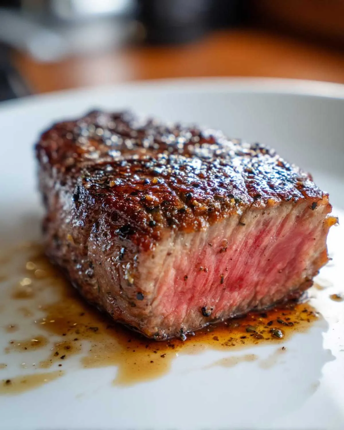 A perfectly cooked steak with a beautiful pink center, seasoned with steak marinade and pepper.