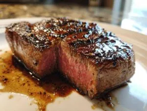 Close-up of a perfectly cooked steak, showcasing its juicy interior and flavorful steak marinade.