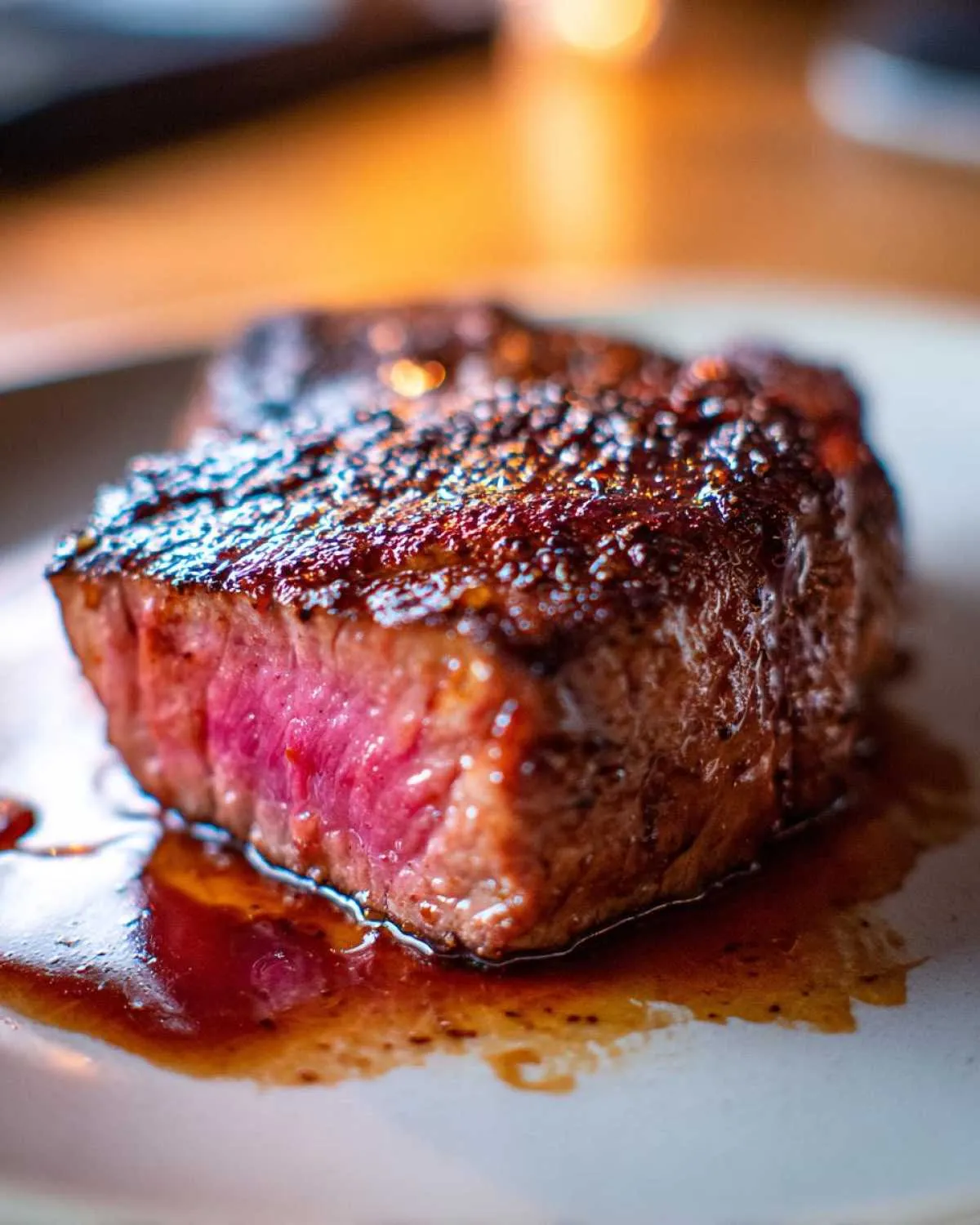 Close-up of a perfectly cooked steak, showcasing its juicy, pink interior and a rich brown crust, enhanced by steak marinade.