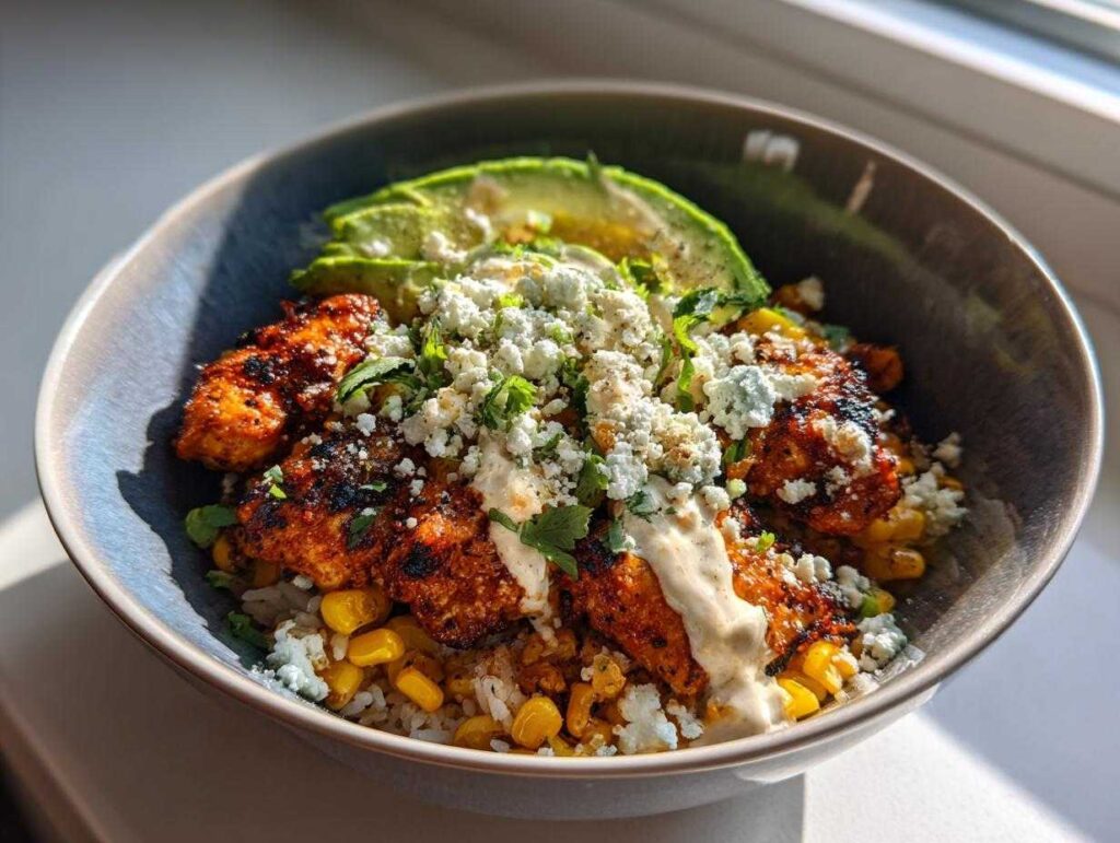 A close-up of a street corn chicken rice bowl topped with avocado slices, crumbled cheese, and a drizzle of sauce.