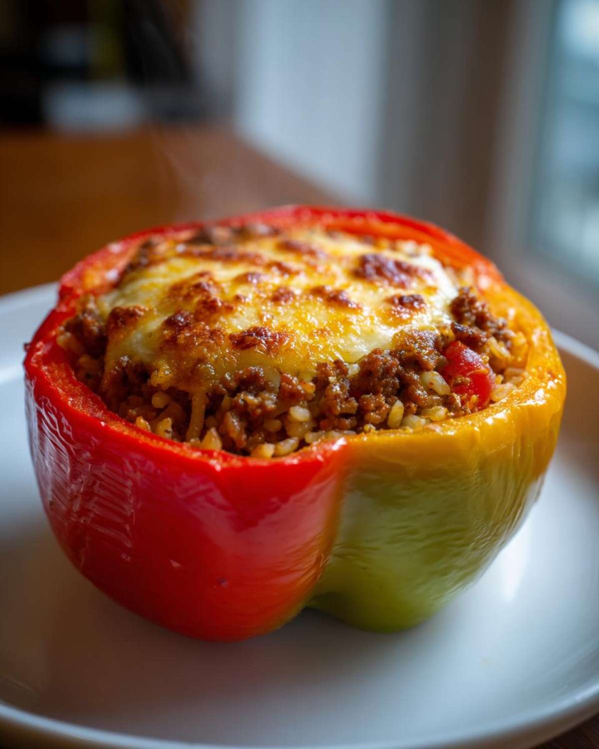 A close-up of a perfectly baked stuffed bell pepper, filled with seasoned ground meat and rice, topped with melted golden cheese.